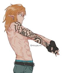  1boy arm_tattoo belt blonde_hair cowboy_shot earrings fingerless_gloves gloves hanaberin highres jewelry link long_hair male_focus own_hands_together pants pointy_ears solo tattoo the_legend_of_zelda the_legend_of_zelda:_tears_of_the_kingdom topless_male triforce_tattoo 