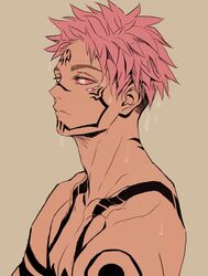  1boy arm_tattoo chest_tattoo closed_mouth collarbone commentary extra_eyes facial_tattoo jujutsu_kaisen kukig8765 looking_at_viewer male_focus neck_tattoo pink_hair red_eyes ryoumen_sukuna_(jujutsu_kaisen) short_hair shoulder_tattoo simple_background solo symbol-only_commentary tattoo topless_male wet wet_hair 