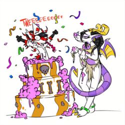  1:1 anthro black_hair bone cake canid canine claws clothing confetti dessert dragon ear_piercing facial_hair fangs food fox fur hair headgear headwear lapfox_trax male mammal membrane_(anatomy) membranous_wings monster mythological_creature mythological_scalie mythology nemphyss_(squeedge) nurse nurse_clothing paws piercing pixylbyte pop_out_cake pseudo_hair purple_body purple_skin red_body red_fur renard_queenston scalie simple_background skull solo spiked_tail spikes spikes_(anatomy) tail teeth tentacle tentacle_hair text toony white_body white_fur wings 