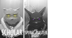  2015 ahoge anthro canid canine clothed clothing coat digital_media_(artwork) digital_painting_(artwork) diptych domestic_cat dramatic_lighting duo eyewear fantasy felid feline felis gameplay_mechanics glasses glowing glowing_eyes hair kounosuke_(morenatsu) male mammal monochrome morenatsu nyuudles raccoon_dog serious_face shin_(morenatsu) tanuki topwear 