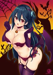  artist_logo bare_tree bat_(animal) bikini black_choker black_hair blue_ribbon breasts breasts_squeezed_together choker cleavage commentary cowboy_shot female frown garter_straps gloves graveyard hair_ribbon jack-o&#039;-lantern_ornament large_breasts leaning_forward long_hair looking_at_viewer navel nyanmaru_(ememing) open_mouth original purple_bikini purple_gloves purple_thighhighs red_eyes ribbon silk solo spider_web standing strapless strapless_bikini sweatdrop swimsuit symbol-only_commentary thighhighs tree twitter_username two_side_up very_long_hair 