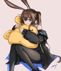  absurdres amiya_(arknights) animal_ear_fluff animal_ears arknights bare_shoulders belt black_jacket black_pantyhose blue_eyes blue_skirt brown_hair feet_out_of_frame female frilled_skirt frills frown hair_between_eyes highres hugging_object jacket knees_together_feet_apart long_sleeves off_shoulder omuretu_(butterroru) pantyhose ponytail rabbit_ears rabbit_girl sad sidelocks signature simple_background skirt smile solo white_background 