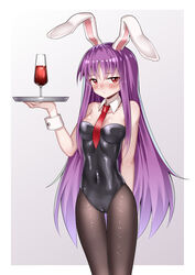  absurdres ailu_elf animal_ears black_leotard breasts cameltoe cleavage collarbone cowboy_shot cup detached_collar female gradient_background highres leotard long_hair looking_at_viewer medium_breasts necktie pantyhose playboy_bunny purple_hair rabbit_ears rabbit_tail red_eyes red_necktie reisen_udongein_inaba solo strapless strapless_leotard tail touhou tray very_long_hair wrist_cuffs 