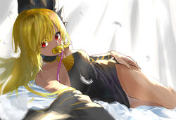  absurdres bare_shoulders black_dress black_headwear blonde_hair braid breasts dark-skinned_female dark_skin detached_sleeves dress feathers female granblue_fantasy halterneck helel_ben_shalem highres long_hair looking_at_viewer lying medium_breasts off-shoulder_dress off_shoulder on_side pacifier red_eyes ruwo_benzen solo 