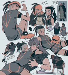  2boys alternate_costume black_hair blush carrying champion_uniform closed_mouth commentary_request dark-skinned_female dark-skinned_male dark_skin earrings eye_contact eyelashes eyeshadow facial_hair female goomy hair_bun hand_up heart hood hoodie hoop_earrings jewelry korean_commentary leggings leon_(pokemon) long_hair looking_at_another looking_back makeup mikripkm multicolored_hair multiple_boys necklace nessa_(pokemon) open_mouth oversized_clothes piggyback poke_ball poke_ball_(basic) pokemon pokemon_(creature) pokemon_swsh raihan_(pokemon) shirt shoes short_sleeves shorts side_slit side_slit_shorts single_hair_bun sleeveless smile snom sparkle sweat teeth trapinch two-tone_hair undercut white_wristband wristband yaoi yellow_eyes 