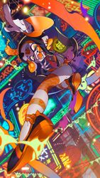  bad_id bad_twitter_id bandaid bandaid_on_face bandaid_on_forehead black_footwear blue_eyes blunt_bangs blurry blurry_background chinese_clothes city_lights crazy_eyes crossed_bandaids dutch_angle ear_piercing eye_mask fangs female foreshortening full_body halloween highres inkling inkling_girl inkling_player_character jiangshi_costume long_sleeves looking_at_viewer midair mihashi_(re4_glo) neon_lights open_mouth orange_eyes orange_hair pale_skin piercing pointy_ears shoe_soles short_hair solo splatoon_(series) teeth tentacle_hair 