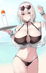  absurdres azur_lane beach bikini black_bikini breasts cleavage collarbone day eyewear_on_head female heart heart-shaped_eyewear highres holding holding_tray huge_breasts looking_at_viewer lotion_bottle navel negi_seijin o-ring o-ring_bikini official_alternate_costume outdoors parted_lips red_eyes short_hair sirius_(azur_lane) sirius_(scorching-hot_seirios)_(azur_lane) solo sunglasses swimsuit tray white_hair wristband 