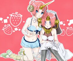  2girls bandaged_arm bandaged_leg bandages bare_shoulders bikini blue_bikini blue_eyes blush breasts bridal_veil cleavage double_bun dress dual_persona fate/grand_order fate_(series) food frankenstein&#039;s_monster_(fate) frankenstein&#039;s_monster_(swimsuit_saber)_(fate) fruit gloves hair_bun hair_ornament hair_over_eyes hair_over_one_eye horns kneeling looking_at_viewer mechanical_horns medium_breasts minase_lemon multiple_girls navel open_mouth pink_hair red_background see-through see-through_cleavage short_hair single_horn sitting stomach strawberry swimsuit veil w wedding_dress white_dress white_gloves 