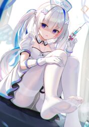  amane_kanata amane_kanata_(nurse) ass bandaged_arm bandages blue_eyes blue_hair blush colored_inner_hair detached_collar dress empty_eyes feet female foot_focus foot_out_of_frame foreshortening gloves grey_hair grey_panties hair_ornament hat highres holding holding_syringe hololive long_hair looking_at_viewer mirufuaa multicolored_hair no_shoes nurse_cap official_alternate_costume official_alternate_hair_length official_alternate_hairstyle panties panties_under_pantyhose pantyhose pink_hair shaded_face short_sleeves soles solo streaked_hair syringe thighband_pantyhose toes twintails underwear virtual_youtuber white_dress white_gloves white_pantyhose x_hair_ornament 