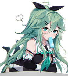  ! absurdres aqua_eyes aqua_hair black_gloves black_ribbon black_serafuku black_skirt blush braid elbow_gloves fathom female food gloves green_neckerchief hair_between_eyes hair_ribbon highres kantai_collection long_hair mouth_hold neckerchief pleated_skirt ponytail popsicle ribbon school_uniform serafuku simple_background skirt solo spoken_exclamation_mark twin_braids white_background yamakaze_(kancolle) yamakaze_kai_ni_(kancolle) 