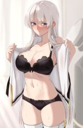  azur_lane bare_shoulders belt black_bra black_jacket black_panties black_thighhighs blue_eyes blush bow bow_panties bra breasts closed_mouth collarbone collared_shirt commentary_request cowboy_shot eagle_union_(emblem) enterprise_(azur_lane) female gold_trim hat highres jacket lace-trimmed_bra lace_trim large_breasts long_hair morino_(harpoomoss) navel nose_blush open_clothes open_shirt panties peaked_cap shirt sideboob sleeveless sleeveless_shirt solo stomach sweat thighhighs thighs toned twitter_username underwear undressing very_long_hair white_belt white_hair white_hat white_shirt 