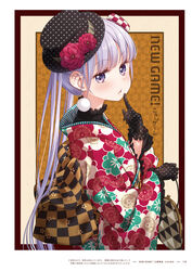  black_gloves black_hat copyright_name earrings female floral_print flower from_side gloves grey_hair hat hat_flower highres japanese_clothes jewelry kimono long_hair looking_at_viewer new_game! official_art open_mouth page_number polka_dot_gloves polka_dot_headwear print_kimono purple_eyes red_flower solo suzukaze_aoba taishou tokunou_shoutarou twintails upper_body very_long_hair yukata 