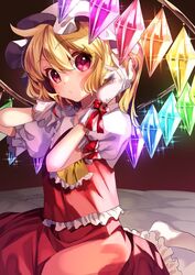  arms_up ascot bed bed_sheet blonde_hair blush commentary crystal diffraction_spikes female flandre_scarlet frilled_ascot frilled_shirt_collar frilled_skirt frilled_sleeves frills gloves hair_between_eyes hat hat_ribbon highres katayama_kei looking_at_viewer mob_cap o3o puffy_short_sleeves puffy_sleeves red_eyes red_ribbon red_skirt ribbon shirt short_hair short_sleeves side_ponytail sitting skirt solo sparkle touhou wariza white_gloves white_shirt wings yellow_ascot 