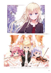  2019 3girls black_jacket blonde_hair blue_eyes blush braid breasts cleavage closed_mouth collarbone detached_sleeves dress floating_hair flower grey_hair hair_between_eyes hair_flower hair_ornament highres holding holding_instrument holding_violin instrument jacket long_hair long_sleeves looking_at_viewer medium_breasts mochizuki_momiji multiple_girls music new_game! official_art open_clothes open_jacket page_number pink_hair playing_instrument purple_eyes sleeveless sleeveless_dress smile straight_hair strapless strapless_dress suzukaze_aoba tied_hair tokunou_shoutarou very_long_hair violin white_dress white_flower white_sleeves yagami_kou 