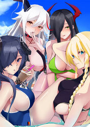  4girls aegir_(azur_lane) august_von_parseval_(azur_lane) azitama_atsushi_(attyuu) azur_lane bikini bismarck_(azur_lane) black_choker black_hair blonde_hair blue_eyes blue_one-piece_swimsuit blue_sky braid breast_curtains breasts bubble_tea choker curled_horns dated day demon_horns friedrich_der_grosse_(azur_lane) green_bikini hair_between_eyes hair_on_horn hair_over_one_eye horns large_breasts looking_at_viewer mechanical_horns multicolored_hair multiple_girls one-piece_swimsuit outdoors purple_eyes purple_hair red_hair sky streaked_hair swimsuit two-tone_hair upper_body white_hair yellow_eyes 