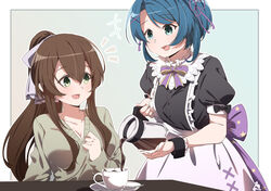  2girls :d aizawa_kazuha alternate_costume apron aqua_background aqua_eyes assault_lily back_bow black_shirt blue_hair blush border bow breasts brown_hair buttons cleavage coffee coffee_pot collarbone commentary commission cosplay cup enmaided frilled_apron frilled_shirt_collar frills gradient_background green_eyes green_sweater grey_bow hair_between_eyes hair_ornament hair_ribbon hairbow hand_up hands_up highres holding large_breasts long_hair long_sleeves looking_at_another looking_away looking_down maid miriam_hildegard_von_gropius miriam_hildegard_von_gropius_(cosplay) multiple_girls musihara napkin neck_ribbon notice_lines open_mouth outline outside_border ponytail pouring print_bow puffy_short_sleeves puffy_sleeves purple_bow purple_ribbon ribbon saucer serizawa_chikaru shirt short_hair short_sleeves sidelocks sitting skeb_commission sleeves_past_wrists smile spoon star_(symbol) star_print sweater swept_bangs table teacup white_apron white_border white_outline wrist_cuffs x_hair_ornament 