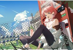  :d absurdres against_object arknights bad_id bad_twitter_id bag bare_shoulders black_leggings blue_eyes blue_poison_(arknights) blue_poison_(shoal_beat)_(arknights) braid breasts building chain-link_fence chinese_commentary cleavage collarbone commentary day duffel_bag earrings female fence highres holding jacket jewelry leggings leggings_under_shorts long_hair long_sleeves looking_at_viewer official_alternate_costume on_ground open_clothes open_jacket open_mouth outdoors pink_hair pink_sports_bra short_shorts shorts sitting small_breasts smile solo sports_bra swept_bangs twin_braids vending_machine white_footwear white_jacket white_shorts yeyuanqianqianqian 