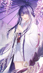  braid braided_ponytail breasts coyucom female genshin_impact hair_ornament highres japanese_clothes kimono large_breasts long_hair long_sleeves looking_at_viewer makoto_(genshin_impact) mole mole_under_eye obi oil-paper_umbrella open_mouth purple_eyes purple_hair sash smile solo_focus thighs umbrella very_long_hair white_kimono wide_sleeves 