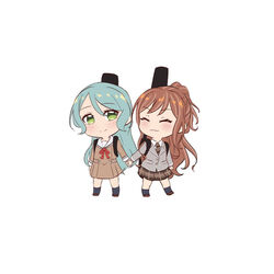  2girls :3 ^_^ aqua_hair bang_dream! blush brown_hair chibi closed_eyes green_eyes half_updo hanasakigawa_school_uniform haneoka_school_uniform highres hikawa_sayo holding_hands imai_lisa instrument_case instrument_on_back long_hair multiple_girls ryuu_aec school_uniform simple_background smile wavy_hair white_background 