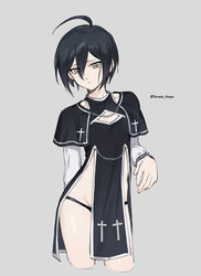  1boy absurdres ahoge alternate_costume artist_name black_dress black_hair black_panties brown_eyes cleavage_cutout clothing_cutout cropped_legs crossdressing danganronpa_(series) danganronpa_v3:_killing_harmony dress ewa_(seraphhuiyu) grey_background hair_between_eyes hand_up highres long_sleeves male_focus panties saihara_shuichi short_hair simple_background solo underwear 