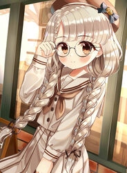  absurdres adjusting_eyewear beret black-framed_eyewear black_bow black_ribbon blush bow braid braided_bangs brown_eyes brown_hat brown_neckerchief closed_mouth commentary_request female glasses grey_hair hair_over_shoulder hair_ribbon hand_up hat hat_bow highres hisakawa_nagi idolmaster idolmaster_cinderella_girls long_hair long_sleeves looking_at_viewer low_twintails neckerchief pleated_skirt ribbon round_eyewear sailor_collar school_uniform serafuku shirt skirt sleeves_past_wrists smile solo twin_braids twintails very_long_hair white_sailor_collar white_serafuku white_shirt white_skirt yata_(yatao_zzz) 