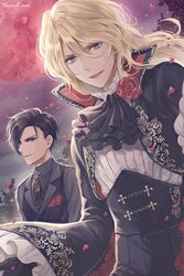  2boys ascot bishounen black_hair blonde_hair felix_louis-claude_mont_d&#039;or flower from_argonavis hagino_kouta highres kurokawa_tomoru long_hair male_focus moon multiple_boys night night_sky petals popped_collar red_moon rose rose_petals sky upper_body 