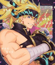  1boy bandages bara blonde_hair blue_eyes crossed_arms fate/grand_order fate_(series) headband igote large_pectorals long_hair male_focus mature_male muscular muscular_male nipples official_alternate_costume pectorals sakata_kintoki_(fate) sakata_kintoki_(heian_warrior_attire)_(fate) sara_(kurome1127) sidepec smile solo 