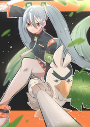  absurdres black_coat closed_mouth coat commentary female fighting_miku_(project_voltage) fighting_stance food grey_hair hatsune_miku highres holding holding_food holding_spring_onion holding_vegetable kotomine_hisui light_particles long_hair long_sleeves looking_at_viewer multicolored_hair necktie pokemon pokemon_(creature) project_voltage sirfetch&#039;d spring_onion streaked_hair vegetable vocaloid white_necktie yellow_eyes 