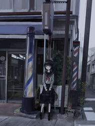  absurdres bag barber_pole black_bag black_footwear black_hair black_sailor_collar black_skirt black_socks blue_eyes blunt_bangs breasts building closed_mouth commentary day female glass_door grey_shirt highres holding holding_bag leaf long_sleeves looking_at_viewer neckerchief original outdoors plant pleated_skirt pole potted_plant red_neckerchief sailor_collar sakiika0513 school_uniform serafuku shirt shoes short_hair skirt small_breasts smile socks solo standing wide_shot 