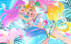  2girls :d bare_shoulders blonde_hair blue_eyes blue_sky bracelet clenched_hand commentary_request crop_top cure_summer day dutch_angle elbow_gloves fingerless_gloves flower gloves green_eyes hair_flower hair_ornament hug jewelry juugoya_neko laura_la_mer laura_la_mer_(mermaid) long_hair looking_at_viewer magical_girl mermaid midriff monster_girl multicolored_hair multiple_girls natsuumi_manatsu open_mouth outdoors pink_hair precure side_ponytail sky sleeveless smile tropical-rouge!_precure very_long_hair white_gloves 