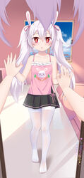  +_+ animal_ears artist_name azur_lane bare_arms bare_shoulders black_skirt blush camisole chinese_commentary collarbone commentary_request dated fake_animal_ears female female_pov flat_chest full_body hair_between_eyes highres indoors laffey_(azur_lane) long_hair miniskirt mirror no_shoes pantyhose parted_lips pink_camisole pleated_skirt pov rabbit_ears red_eyes reflection side_slit skirt standing thighband_pantyhose toes twintails white_hair white_pantyhose xiao_shi_lullaby 