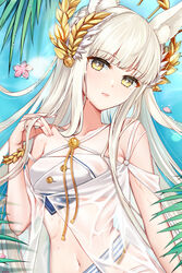  ahoge aiguillette animal_ear_fluff animal_ears arknights bad_id bad_pixiv_id bikini bracelet breasts chinese_commentary closed_mouth collarbone criss-cross_halter dakimakura_(medium) dress expressionless female from_above halterneck hand_in_own_hair head_tilt horse_ears jewelry jiushi_shijiu laurel_crown lips long_hair looking_at_viewer medium_breasts midriff navel off-shoulder_dress off_shoulder official_alternate_costume partially_submerged petals plant platinum_(arknights) platinum_(shimmering_dew)_(arknights) sash see-through solo straight_hair striped_sash swimsuit upper_body water wet wet_clothes white_bikini white_dress white_hair yellow_eyes 