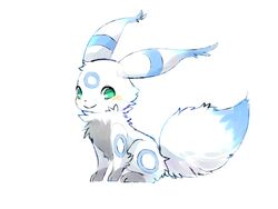  4:3 aishasoup black_nose blue_body blue_fur blush blush_lines cream_(umbreon) eeveelution feral fur generation_2_pokemon green_eyes grey_body grey_fur male nintendo pokemon pokemon_(species) simple_background sitting smile solo umbreon white_background white_body white_fur 