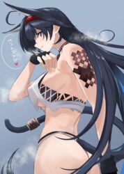  absurdres animal_ears arknights ass black_hair blaze_(arknights) blue_eyes breasts cat_ears cat_tail commentary female fingerless_gloves gloves hairband highres large_breasts long_hair mikai_2035 official_alternate_costume solo steaming_body sweat tail tattoo translated 