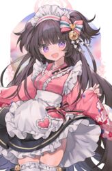  :d black_skirt blue_archive blush bow breasts brown_hair commentary_request female frilled_kimono frills hairbow heart highres japanese_clothes juju_(jelly_fever) kimono long_hair looking_at_viewer maid maid_headdress medium_breasts mole mole_under_eye open_mouth pink_bow pink_kimono purple_eyes shizuko_(blue_archive) skirt smile solo thighhighs two_side_up wa_maid wide_sleeves 