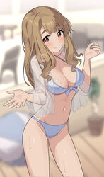  ball beachball bikini blurry blurry_background blush breasts brown_eyes brown_hair closed_mouth collarbone commentary_request ebifu female hair_between_eyes highres idolmaster idolmaster_million_live! long_hair looking_at_viewer medium_breasts miyao_miya navel smile solo swimsuit wet 