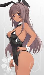  alice_gear_aegis animal_ears bare_legs black_bow black_bowtie black_eyes black_leotard bow bowtie breasts dark-skinned_female dark_skin fake_animal_ears fatima_betrorum female grey_hair half_updo hand_on_own_hip highleg highleg_leotard highres lens_flare leotard long_hair looking_at_viewer medium_breasts nasuno playboy_bunny solo strapless strapless_leotard 