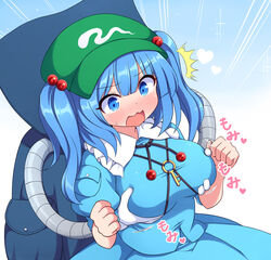  ^^^ backpack bag blue_background blue_bag blue_dress blue_eyes blue_hair blush breasts commentary_request d: dress emphasis_lines female frilled_shirt_collar frills full-face_blush grabbing grabbing_another&#039;s_breast grabbing_from_behind gradient_background groping hair_bobbles hair_ornament heart kawashiro_nitori key large_breasts long_hair looking_down open_mouth puffy_short_sleeves puffy_sleeves rizento short_sleeves simple_background solo sweat touhou two_side_up upper_body v-shaped_eyebrows wavy_mouth 