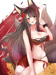  akagi_(azur_lane) akagi_(paradise_amaryllis)_(azur_lane) animal_ears azur_lane bikini black_bikini blush breasts brown_hair cleavage commentary cowboy_shot female flower fox_ears fox_girl fox_tail gradient_hair hair_flower hair_ornament halterneck highres large_breasts long_hair looking_at_viewer milo1205 multicolored_hair multiple_tails official_alternate_costume open_mouth parted_bangs red_bikini red_eyes red_flower red_hair sarong scrunchie sidelocks signature simple_background smile solo spider_lily swimsuit tail two-tone_hair white_background wrist_scrunchie 