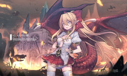  absurdres battlefield blonde_hair breasts castle commentary_request commission dragon dragon_girl dragon_tail dragon_wings female fire highres izayoi_cha long_hair looking_at_viewer medium_breasts oerba_yun_fang open_mouth original pixiv_commission pleated_skirt pointy_ears ponytail red_skirt scales shirt shrug_(clothing) sidelocks signature skindentation skirt slit_pupils solo sword tail thighhighs very_long_hair weapon white_shirt white_thighhighs wings wrist_cuffs yellow_eyes 