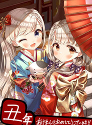  2girls ;d absurdres blue_eyes blue_kimono blush bow braid braided_bangs brown_bow brown_eyes closed_mouth commentary_request floral_print hair_over_shoulder hairbow highres hisakawa_hayate hisakawa_nagi hugging_object idolmaster idolmaster_cinderella_girls japanese_clothes kimono long_hair low_twintails multiple_girls obi oil-paper_umbrella one_eye_closed open_mouth partial_commentary peony_print ponytail print_kimono red_bow red_kimono red_umbrella sash siblings sisters smile stuffed_cow translated twins twintails umbrella very_long_hair yata_(yatao_zzz) 