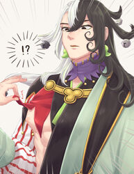  ! &lt;o&gt;_&lt;o&gt; 1boy ? abs ashiya_douman_(fate) assisted_exposure asymmetrical_clothes asymmetrical_hair bell black_eyes black_hair commentary_request curly_hair earrings eyeshadow fangs fate/grand_order fate_(series) fingernails green_eyeshadow green_kimono green_lips hadanugi_dousa hair_bell hair_between_eyes hair_intakes hair_ornament highres japanese_clothes jewelry kimono long_hair magatama magatama_earrings makeup male_focus multicolored_hair nipple_slip nipples onmyouji open_clothes open_kimono parted_lips pectorals piyo_toma ribbed_sleeves sharp_fingernails solo_focus split-color_hair spoken_exclamation_mark spoken_question_mark surprised toned toned_male two-tone_hair upper_body very_long_hair white_hair wide-eyed wide_sleeves 