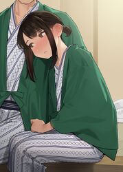  1boy bad_id bad_pixiv_id bath_yukata blush brown_eyes brown_hair commentary douki-chan_(douki-chan) douki-kun_(douki-chan) ear_blush female ganbare_douki-chan hanten_(clothes) highres japanese_clothes kimono leaning_on_person matching_outfits open_mouth ponytail shima_(pattern) side-by-side sitting tied_hair yomu_(sgt_epper) yukata 