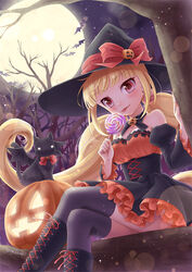  :3 animal bare_tree bat_(animal) blonde_hair blurry blush bokeh boots bow brooch candy choker cross-laced_footwear crossed_legs depth_of_field detached_sleeves dress feline female food frilled_dress frills full_moon glowing halloween hat hat_bow holding holding_candy holding_food holding_lollipop ibuki_ena in_tree jack-o&#039;-lantern jack-o&#039;-lantern_brooch jack-o&#039;-lantern_hat_ornament jack-o&#039;-lantern_ornament jewelry juliet_sleeves lace-up_boots licking lollipop long_hair long_sleeves low_twintails moon nail_polish night original outdoors pink_eyes puffy_sleeves pumpkin short_dress sitting sitting_in_tree smile solo swirl_lollipop tongue tongue_out tree twintails underbust very_long_hair witch witch_hat 