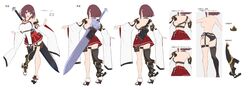  :d absurdres asymmetrical_legwear baffu bare_shoulders black_legwear blue_eyes breasts brown_hair cleavage commentary_request female full_body greatsword hair_ornament hairclip highres hitoyo_(baffu) huge_weapon incredibly_absurdres large_breasts long_sleeves looking_at_viewer mismatched_legwear multiple_views open_mouth original red_skirt reference_sheet shoes short_hair simple_background single_thighhigh skirt smile spread_legs standing sword sword_behind_back thighhighs tongue topless turnaround weapon white_background white_footwear wide_sleeves 