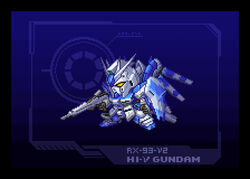  beam_rifle char&#039;s_counterattack char&#039;s_counterattack_-_beltorchika&#039;s_children character_name chibi commentary energy_gun english_text gundam hi-nu_gundam looking_to_the_side mecha mobile_suit mui_(muilog3) no_humans pixel_art robot science_fiction sd_gundam shield solo super_robot_wars v-fin weapon yellow_eyes 