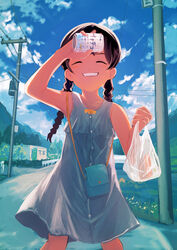  absurdres arm_up bag braid can closed_eyes cloud cowboy_shot day dress female fisheye grin handbag highres hill holding holding_bag holding_can hot house inami_hatoko lolicon long_hair nata_de_coco original outdoors plastic_bag power_lines road rural sky smile solo street sundress twin_braids utility_pole wiping_forehead 