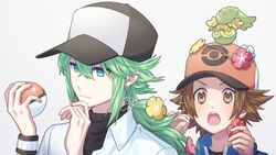  2boys baseball_cap black_headwear black_undershirt blue_eyes blue_jacket brown_eyes brown_hair closed_mouth collared_shirt comfey commentary_request flower frown green_hair hair_between_eyes hands_up hat highres hilbert_(pokemon) holding holding_flower holding_poke_ball jacket long_hair male_focus multiple_boys n_(pokemon) nagiru on_head open_mouth poke_ball poke_ball_(basic) poke_ball_print pokemon pokemon_(creature) pokemon_bw pokemon_on_head shirt short_hair teeth tongue upper_body upper_teeth_only white_shirt 