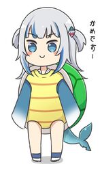  alternate_costume blue_eyes blue_hair blue_socks blush_stickers c: chibi closed_mouth commentary_request female fins fish_tail full_body gawr_gura grey_hair hair_ornament hololive hololive_english long_hair long_sleeves multicolored_hair rutorifuki shark_tail shoes sleeves_past_fingers sleeves_past_wrists smile socks solo standing streaked_hair tail translated turtle_shell two_side_up virtual_youtuber white_background white_footwear 