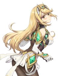  ass athenawyrm bare_shoulders black_pantyhose blonde_hair blush breasts chest_jewel cleavage cleavage_cutout clothing_cutout dress earrings elbow_gloves female gem gloves hair_ornament headpiece highres jewelry large_breasts long_hair looking_at_viewer microdress mythra_(massive_melee)_(xenoblade) mythra_(xenoblade) pantyhose short_dress simple_background solo super_smash_bros. swept_bangs thigh_strap tiara white_background white_dress white_gloves xenoblade_chronicles_(series) xenoblade_chronicles_2 yellow_eyes 